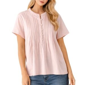 Lands End Womens Pink Pintuck Pleated Henley Short Sleeve Top Size L 14-16
